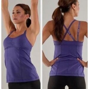 Lululemon Tank Top Womens 4 Criss Cross Double Strap Blue Warrior Padded Bra Cup